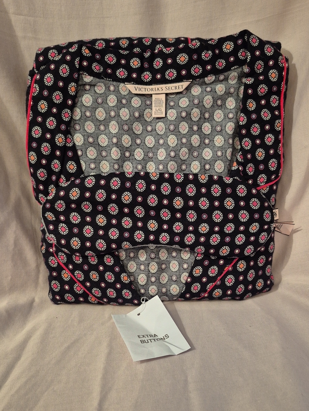 Victoria's Secret Moral Black Button-Down Top with Pink White Medallion Print
